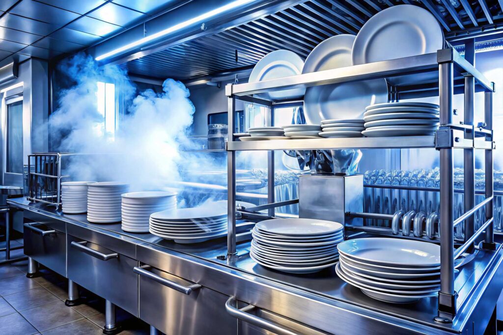 restaurant commercial dishwasher stacks of dishes